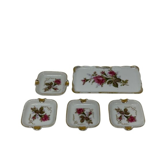 VTG Royal Sealy Japan Porcelain 5-Pc Dresser Set Hand Painted Roses Shabby Chic - Picture 1 of 9